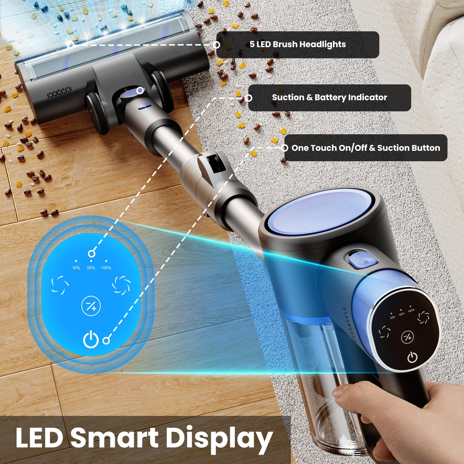 KISSAIR Cordless Vacuum Cleaners for Home 50min 2200mah Lightweight 5.5lb Led Display Screen Stick Vacuum Cleaners Hardwood Floor Carpet Pet Hair, Blue