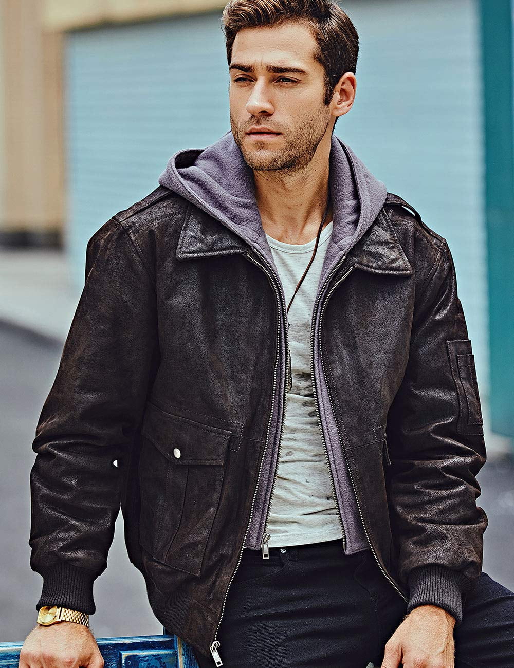 FLAVOR Men's Leather Flight Bomber Jacket Air Force Aviator (3X-Large, Dark Brown Hood)
