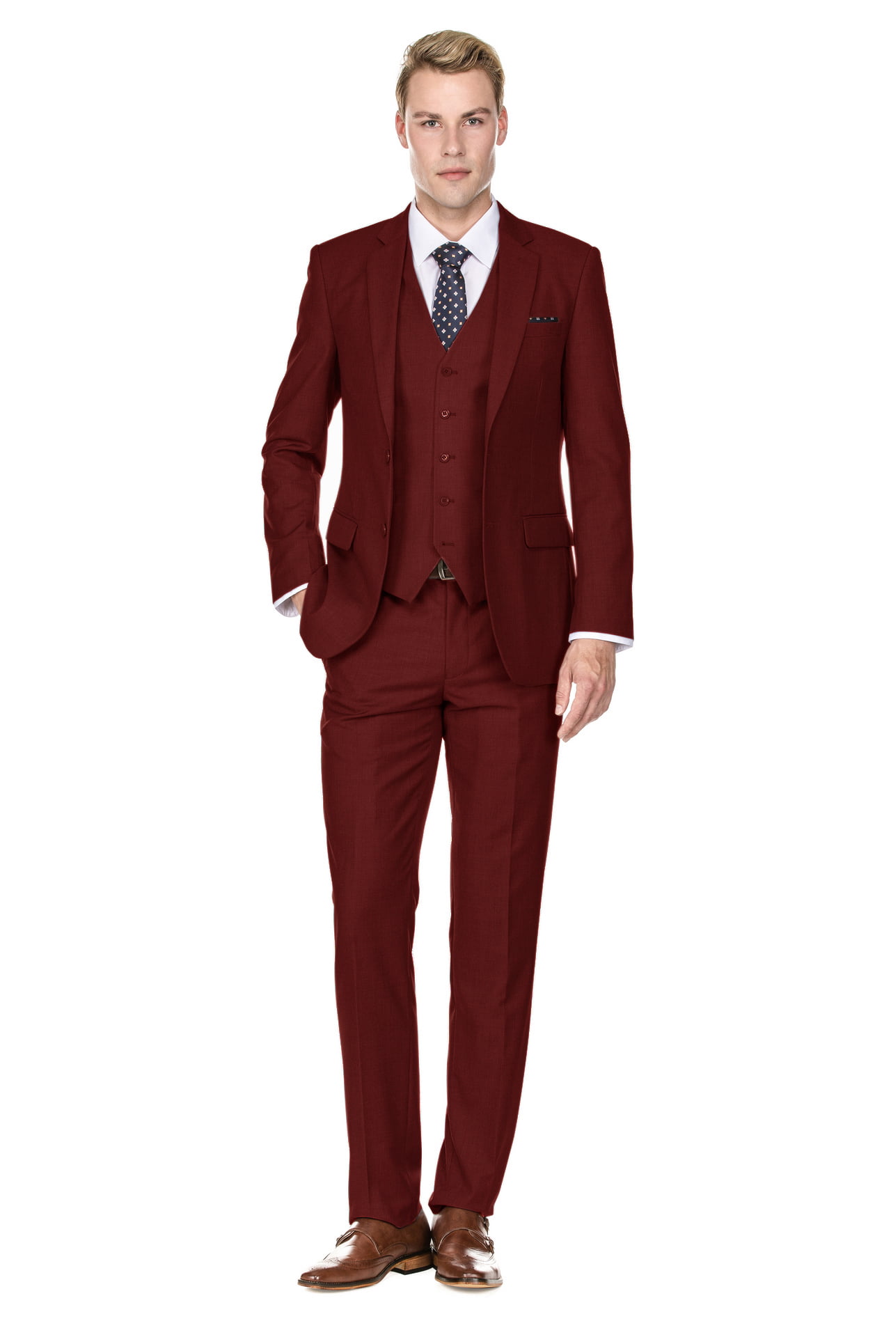 Wehilion Mens Suits Set Slim Fit Men 3 Piece Dress Suit Prom Blazer Wedding  Formal Jacket & Vest & Pants Navy Blue L