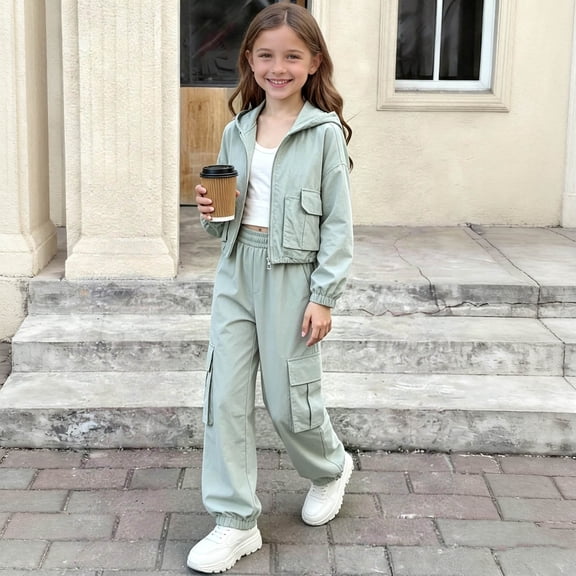 Mifsaly Girls 2 Piece Outfit Set Cropped Hooded Zip Up Jacket and Cargo Jogger Pants Kids Fall Casual Tracksuit