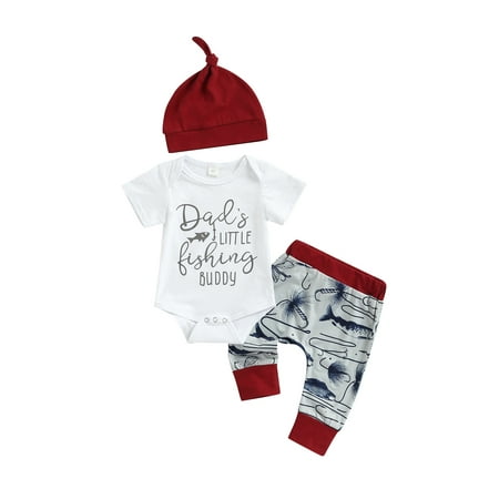 

Suanret Infants Baby Boy Romper Set Newborn Letter Fish Print Short Sleeve Round Neck Romper Printed High Waist Trousers Knotted Hat Wine Red 12-18 Months
