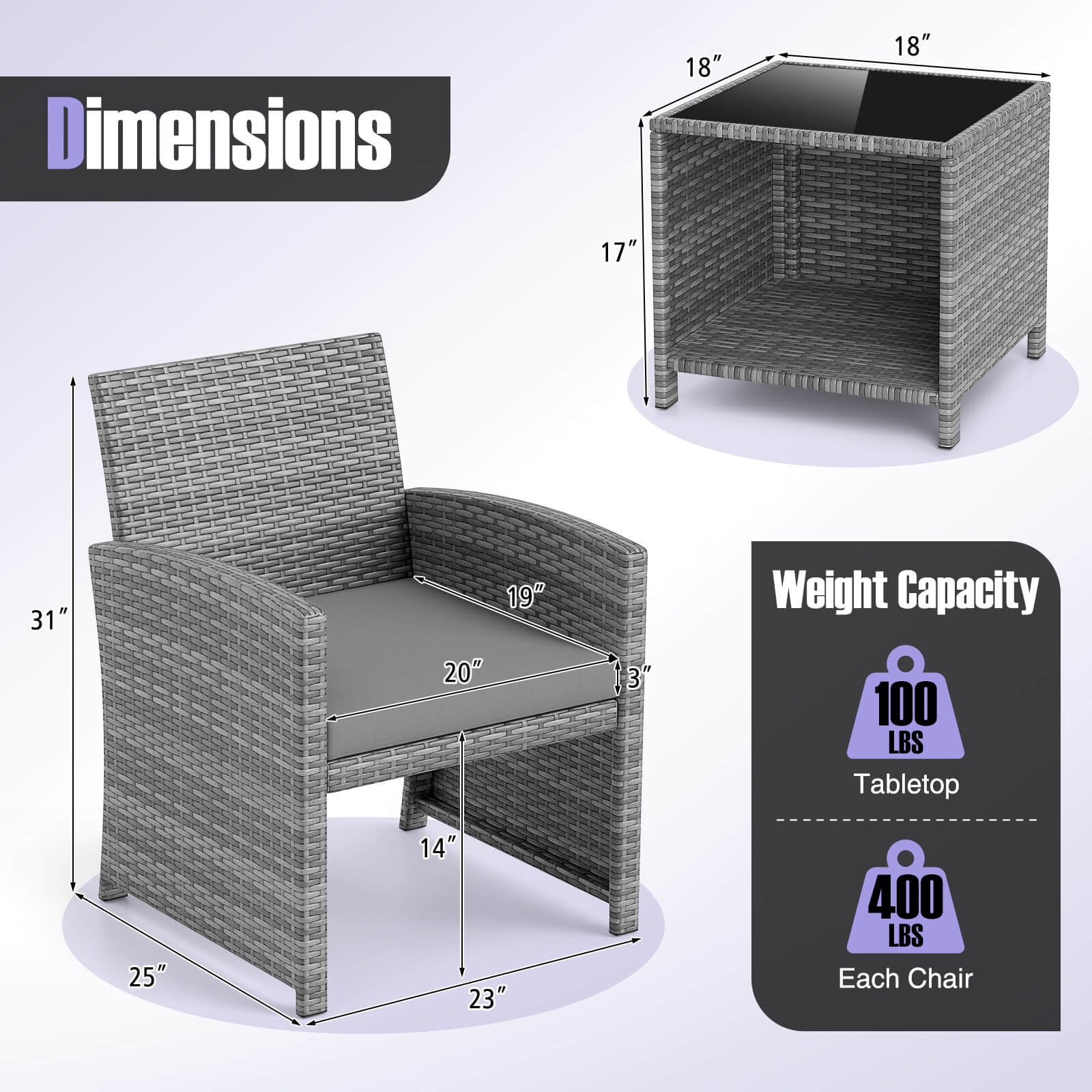 Costway 3 PCS Patio Furniture Set with Tempered Glass Coffee Table & Soft Seat Cushions Gray