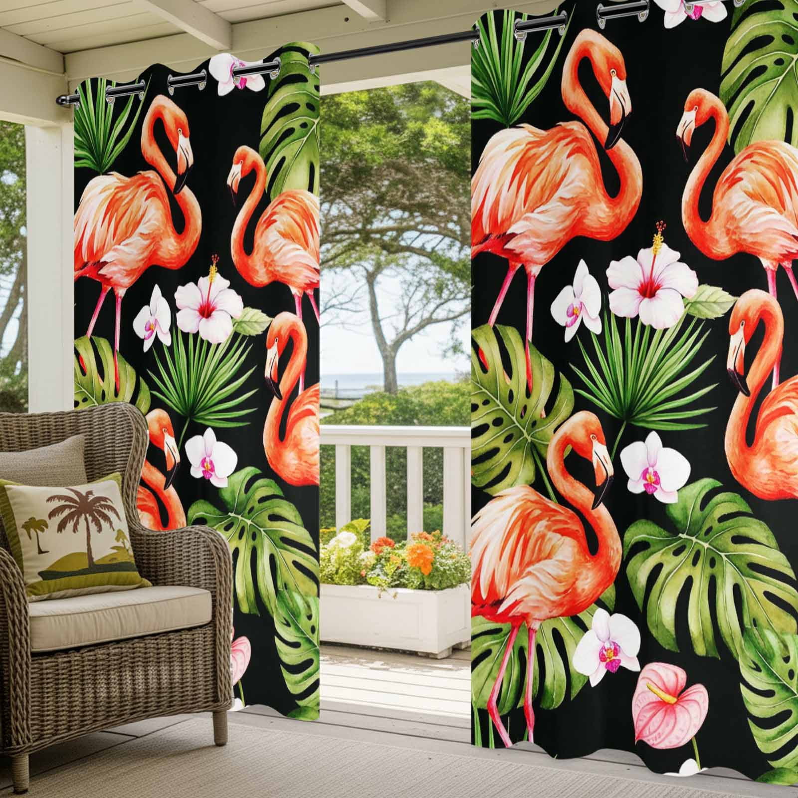 Pink Flamingos Outdoor Curtains for Patio, Green Tropical Leaf Hibiscus Flower Botanical Sunshade Privacy Drapes Grommet Waterproof Outside Curtains for Porch/Cabana/Balcony 54"x 108", 1 Panel