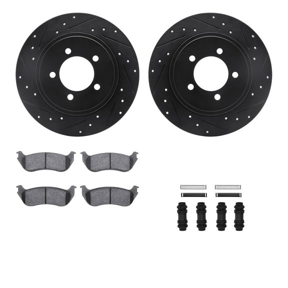 Dynamic Friction Company Rear Brake Rotors-Drilled and Slotted-Black with Heavy Duty Brake Pads includes Hardware 8212-54006