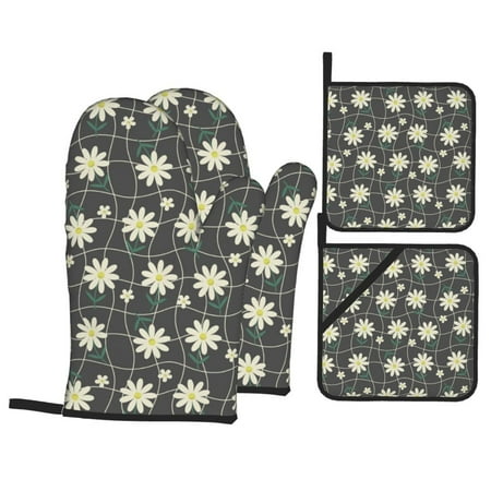 

Oven Mitts and Pot Holders 4 Piece Daisies Flowers Stripe High Heat Slip Resistant Oven Mitt and Trivets Set Kitchen Oven Glove Pot Holders for Cooking Baking Grilling