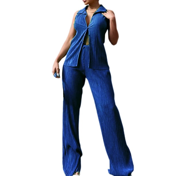 Txlixc Conjunto casual de 2 piezas para mujer, sin mangas, con botones, camisa plisada y pantalones Txlixc Moda