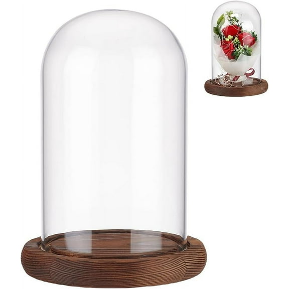 Eternal Flower Glass Display Dome Cloche Glass Display with Coconut Brown Wood Pedestal Bell Jar Cloche for Valentine's Day Mother's Day Flower Decorations Crafts 4.45×6.42 Inch