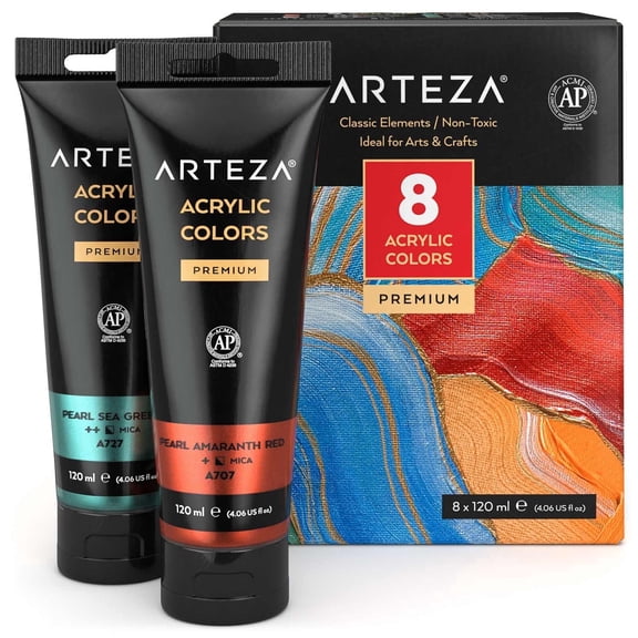 Arteza Acrylic Artist Paint, Metallic Finish, Multicolor, Set of 8, 120 mL