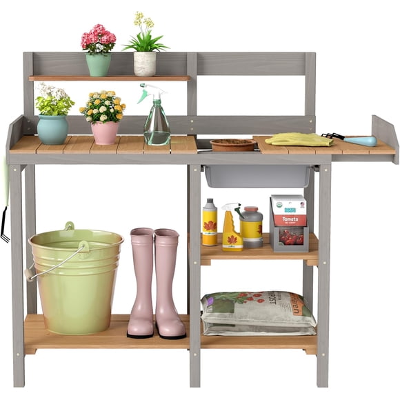 QueipA Wooden Potting Bench Table with Sink, Outdoor Garden Table Work Bench with Shelf, Workstation for Outside Patio Lawn