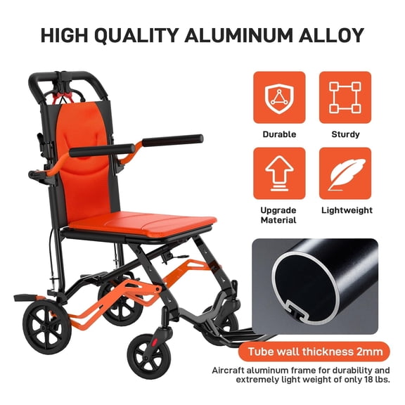 Accreate Easy Travel Wheelchair - Lightweight Foldable Transport Chair with Handbrake, Removable Armrests, Footrests, Supports 220 lbs