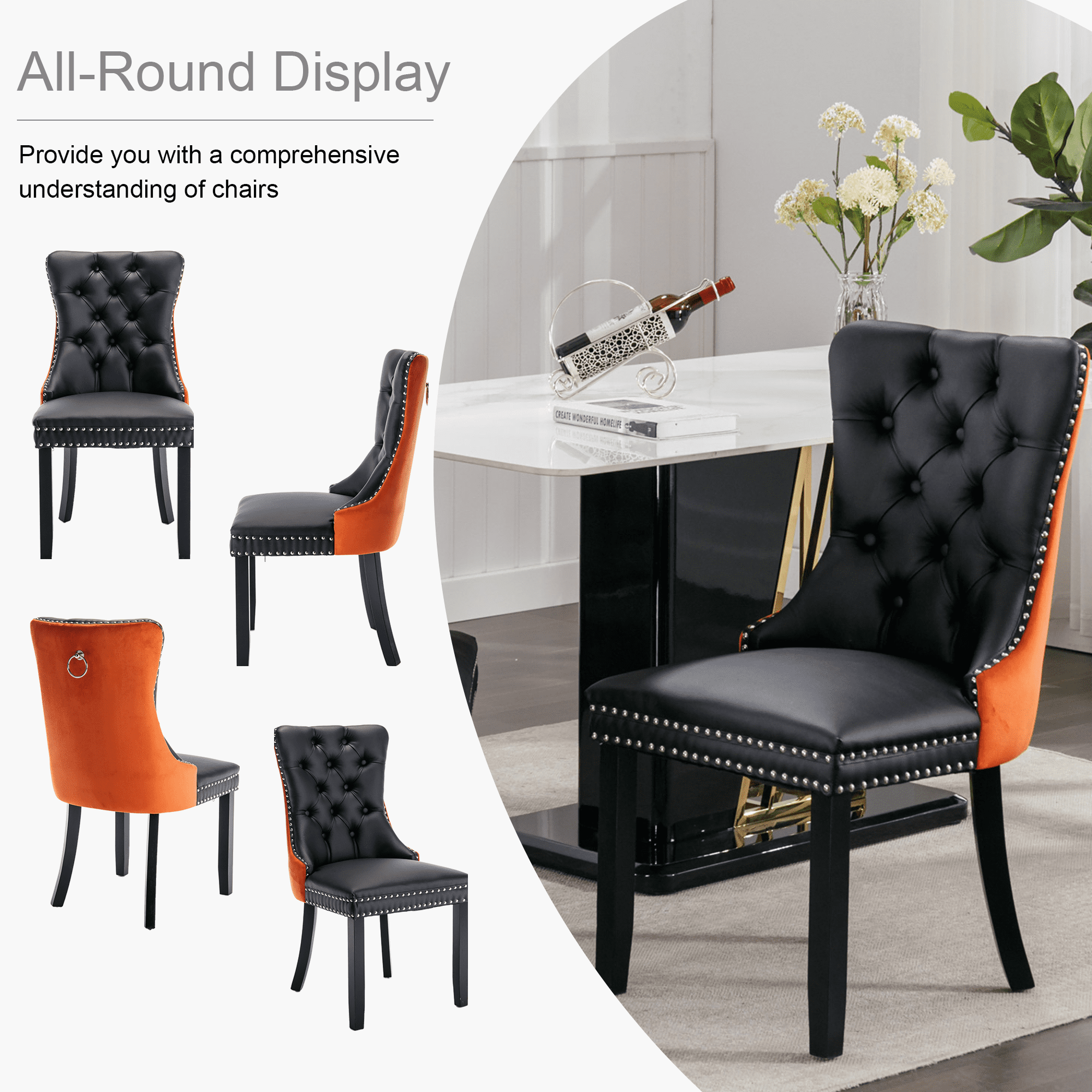 PU Dining Chairs, Accent Diner Chairs with Nailhead Trim and Back Ring Pull, PU and Velvet Fabric Dining Room Chairs, Side Chair Kitchen Chairs with High-end PU Back and Padded (Set of 4)