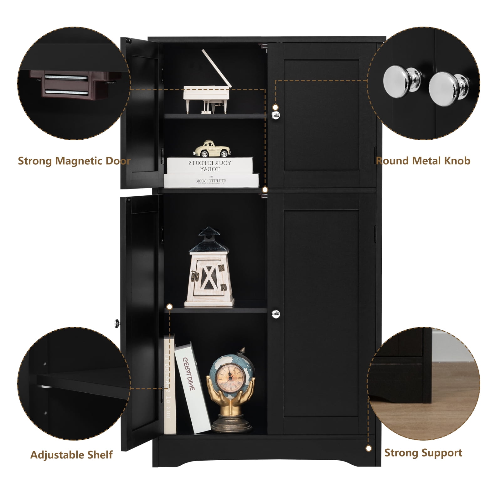 TEENFON Black Storage Cabinet with 2 Adjustable Shelves & 4 Doors, Freestanding Bathroom Storage Cabinet, Cupboard, Floor Cabinets for Living Room, Entryway, Home Office