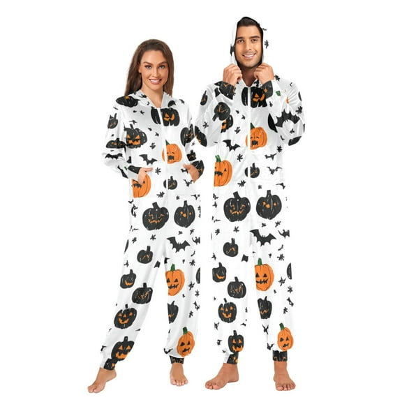 Halloween Themed Elements Adult onesie Pajamas, Crystal Velvet Ultra Soft Warm Jumpsuit for Men and Women