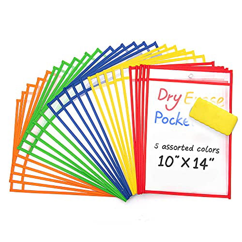 Plastic Dry Erase Sheet Protectors for Classroom Board2by Reusable Dry Erase Pockets 25 Pack 5 Colors Clear 10 x 14 Write and Wipe Pockets Sleeves Fits Standard Paper Teacher and Office Supplies 