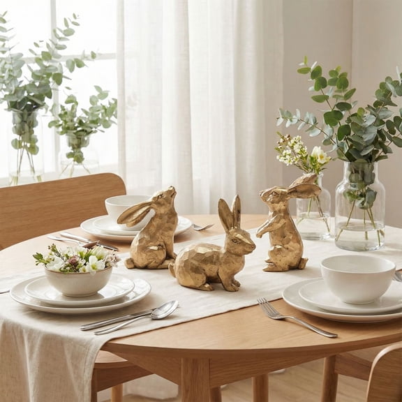 2026 3PC Easter Bunny Figurines Decor, Mini Resin Golden Bunnies Spring Sculpture Tabletop Ornament, Rabbits Festival Present for Garden Home Table Office Dining Room Mantle Party Supplies