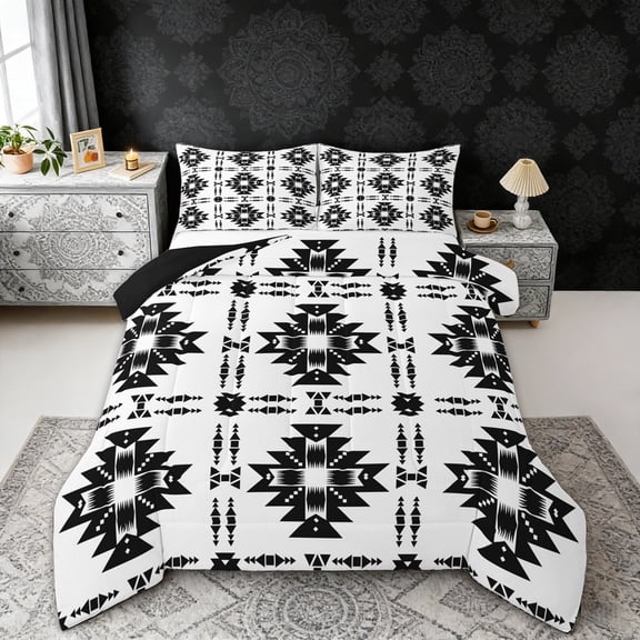 Erosebridal White Black Aztec Full Size Comforter Sets, Exotic Style Geometric Bedding Sets, Black Reversible 3 Pieces, 1 Comforter and 2 Pillowcases