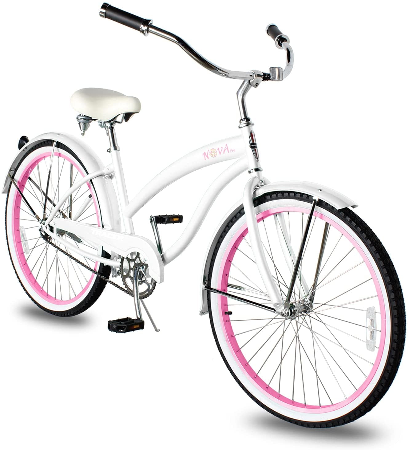 WonderWheels Beach Cruiser Shimano Tx-35 7 Speed Bicycle, Bike, V-Brake Stainless Steel Spokes One Piece Crank Alloy Purple Rims 36 H With Fender - White