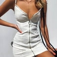 thumbnail image 2 of Robe Caraco à Col en V pour Femme, Bretelles Spaghetti Ajustables, Mini-Robe Moulante Extensible, Fermeture Éclair devant, Robe Courte Unie de Boîte de Nuit, 2 of 7