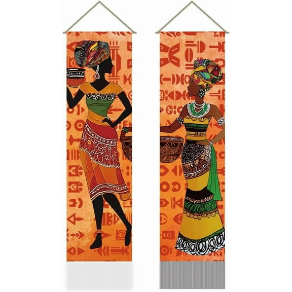 2Pcs African Tribal Style Tapestry Indian women Vertical Tapestry Wall Hanging Primitive Tribe Tassel Wall Aesthetic Tapestry for the Living Room Wall Art Wall Decor(45.7x13 Inch)
