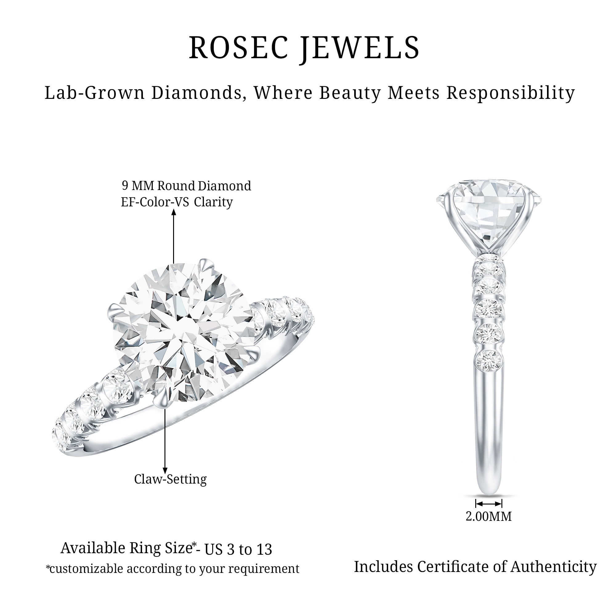 Rosec Jewels IGI Certified Lab Grown Diamond 3 Carat Engagement Ring for Women - E-VS1 Quality - Round Diamond Solitaire Ring, 10K White Gold, US 8.50