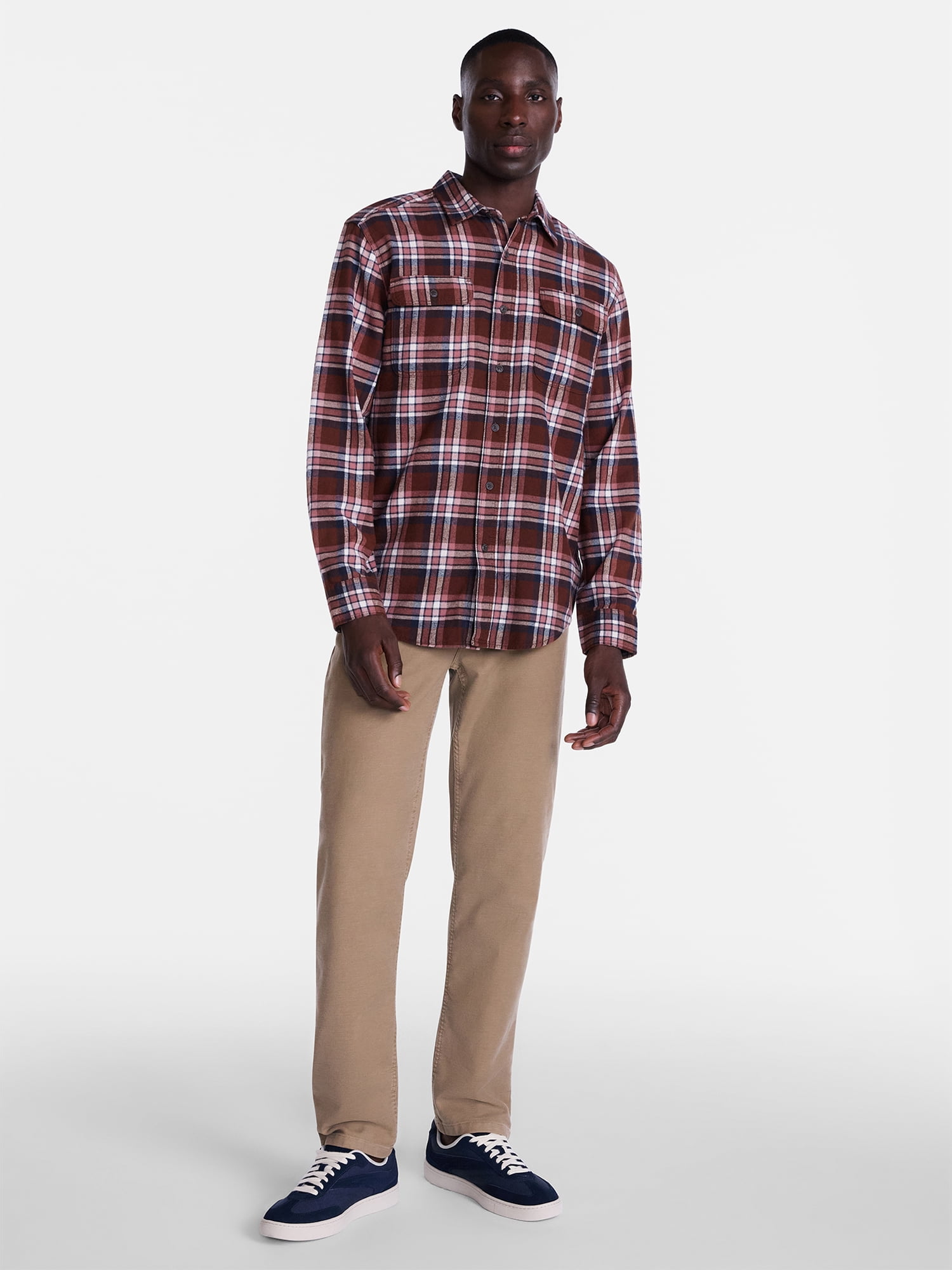 George Men's and Big Men's 100% Cotton Double Pocket Flannel Shirt, Sizes XS-3XLT