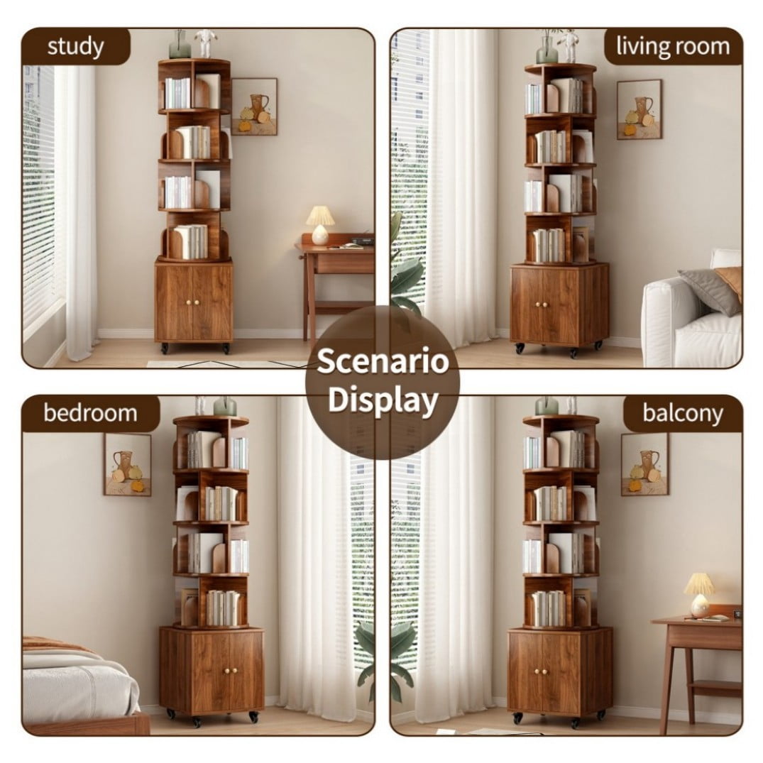 5-Tier Rotating Bookshelf with Drawer, 360° Spinning Corner Bookcase, Narrow Space-Saving Floor Standing Storage Rack for Bedroom, Living Room & Small Spaces, Walnut