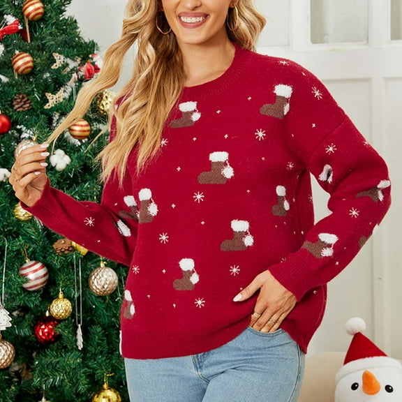 DailyTrove Women's Christmas Print Sweater, Long Sleeve, Holiday Party & Casual Wear, Soft Wool Blend, Plus Size Friendly