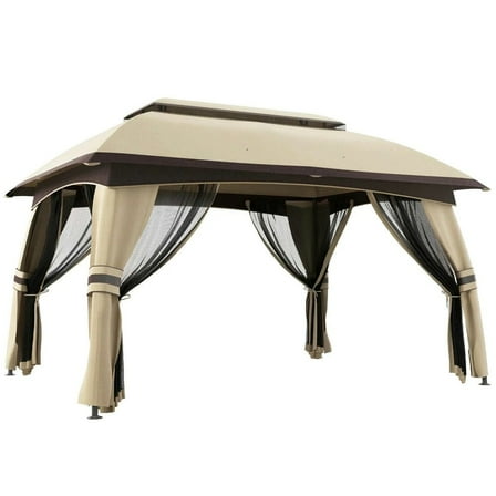 Resenkos Outdoor Garden Gazebo, Sunshade Gazebo Canopy,10' x 13' Patio Gazebo with Netting & Curtains, Vented Roof, Beige