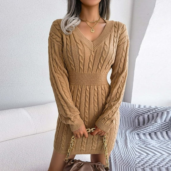 symoid Long Dresses for Women- Autumn and Winter V-neck Rise Bag Hip Knitted Sweater Dress Khaki M