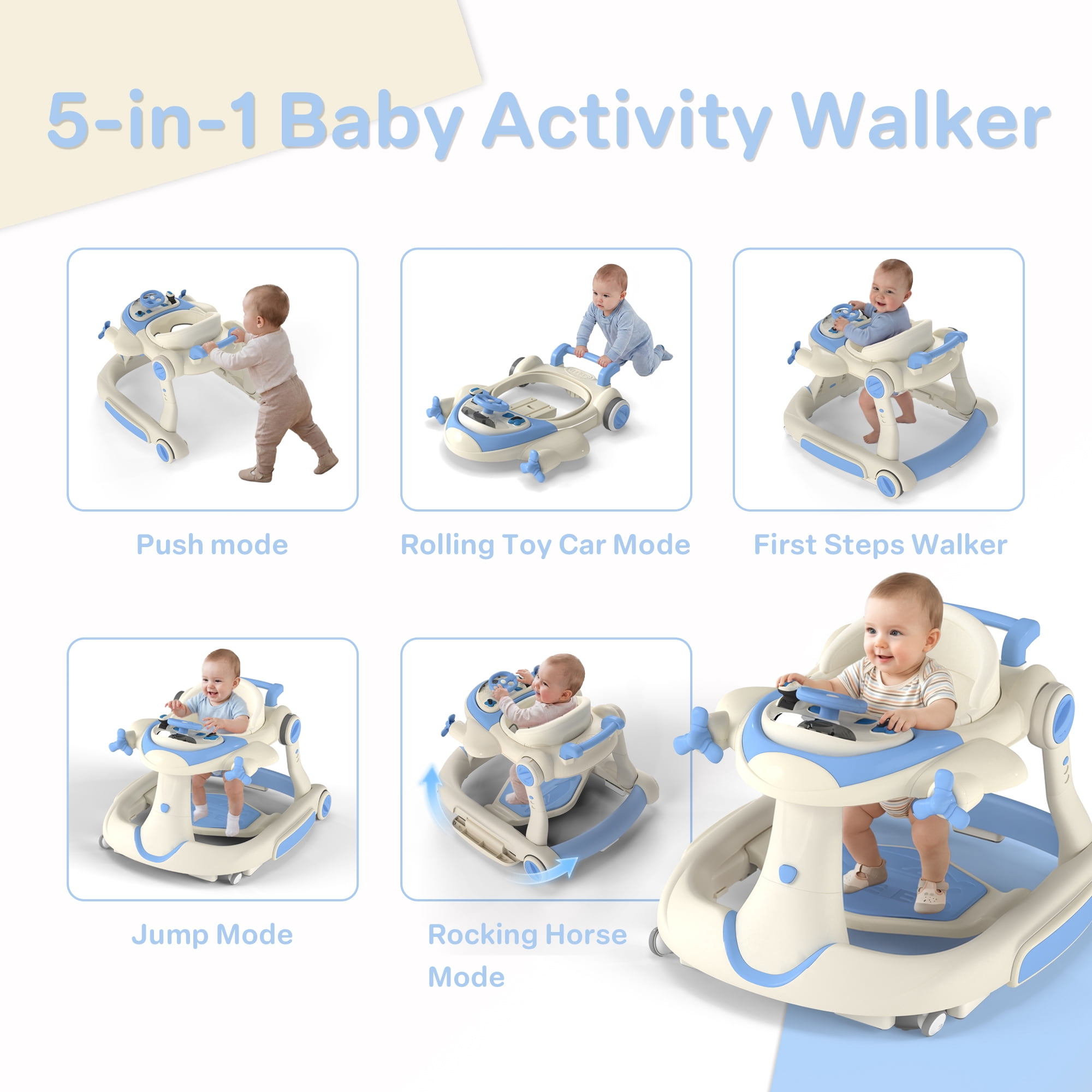 AILEEKISS 5-in-1 Musical Baby Walker with Wheels, Foldable Baby Walker for Boys Girls, Blue
