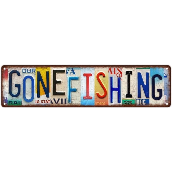 Gone Fishing License Plate Sign Aluminum 4x16 Inch Vintage Fishing Wall Decor Cabin Lake House Metal Sign Angler Gifts