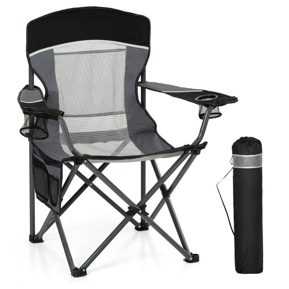 NNYYS Oversized Mesh Back Camping Folding Chair Heavy Duty,Collapsible Steel Frame Quad Chair Padded Arm Chair with Cup Holder Portable for Outdoor,1 Pack