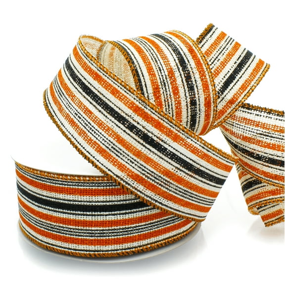 Ribbon Traditions Halloween Orange / Black / White Stripes Burlap Wired Ribbon 2 1/2" by 10 Yards