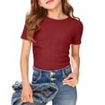 thumbnail image 2 of Ticikt Girls Short Sleeve Shirts Crewneck Ruched Side Slim Fit Tops Ribbed Knit Casual Tee Shirt Comfortable Everyday Wear,Color:, 2 of 4