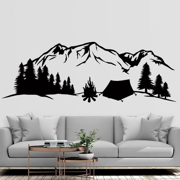 Camping Mountains Wall Vinyl Sticker Pine Trees Mountains Adventure Home Decor 121x42cm