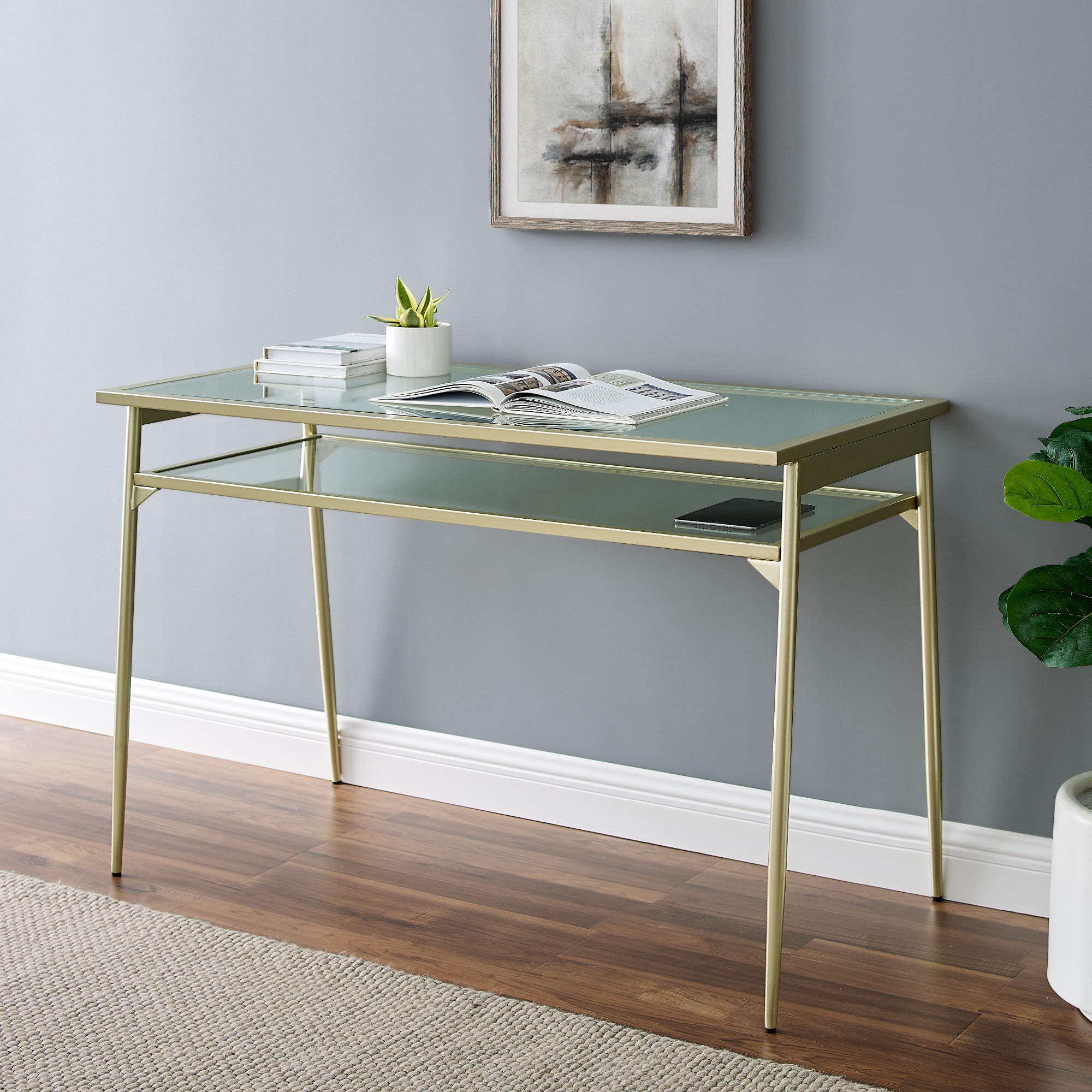 Walker Edison Modern Glass Tiered Writing Desk, Gold