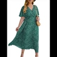 thumbnail image 1 of Vestido Corto de Corte A con Escote en V, Corta, Volantes y Dobladillo para Mujer, Talla Grande Azul y Verde XL, 1 of 10