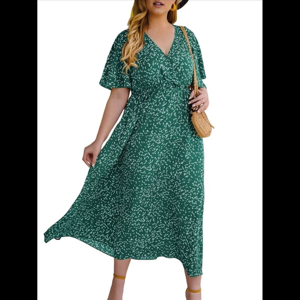 Vestido Corto de Corte A con Escote en V, Corta, Volantes y Dobladillo para Mujer, Talla Grande Azul y Verde XL