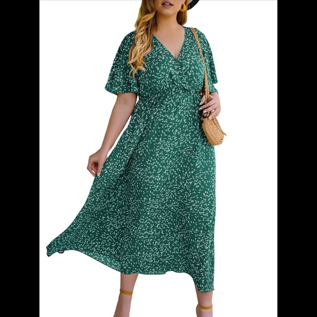 Vestido Corto de Corte A con Escote en V, Corta, Volantes y Dobladillo para Mujer, Talla Grande Azul y Verde XL
