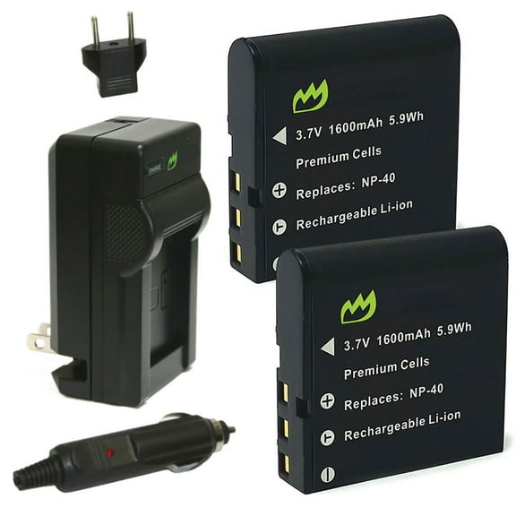 Replacement for Casio NP-40 Battery (2-Pack, 1600mAh) and Charger