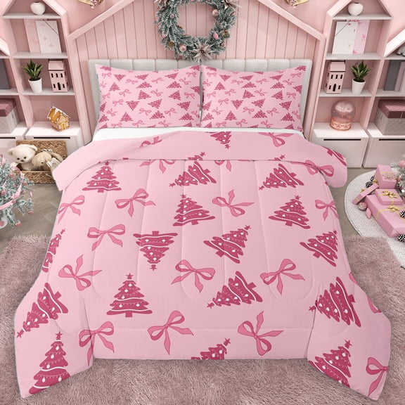 Homewish Cute Bowknot Bowtie Bedding Comforter Set,Cartoon Christmas Tree Twin Comforter Sets,Pink Bow Ribbon Bedding Set For Kids,Microfiber Bedroom Decor Reversible,2-Piece