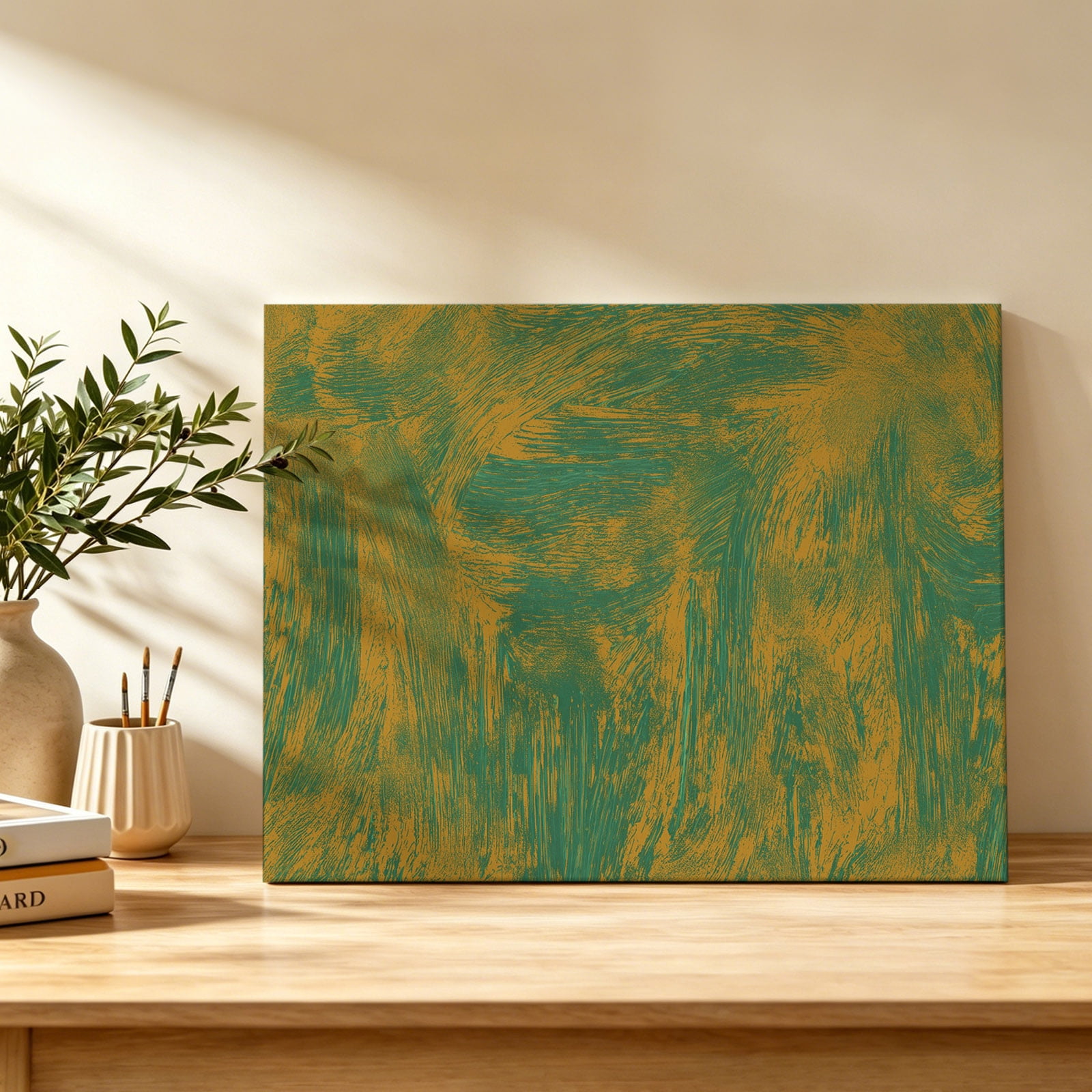 Brushstrokes Canvas Wall Art Abstract Vintage Green Yellow Oil Painting Texture Wall Art Prints Artwork Framed Canvas Ready to Hang Art Pictures for Dining Room Bedroom Study Lounge Nook 18 x 12