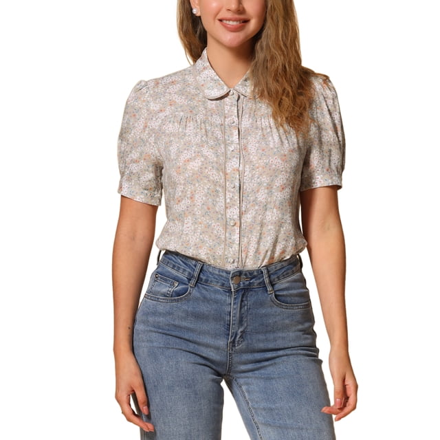 BLUSA DE MUJER CON COLLAR PETER PAN INSPIRADA EN CHIC, CON FLORES, MANGAS CORTAS CON VOLANTES, DETALLES EN CONTRASTE Y BOTONES, TAMAÑO M, COLOR NARANJA
