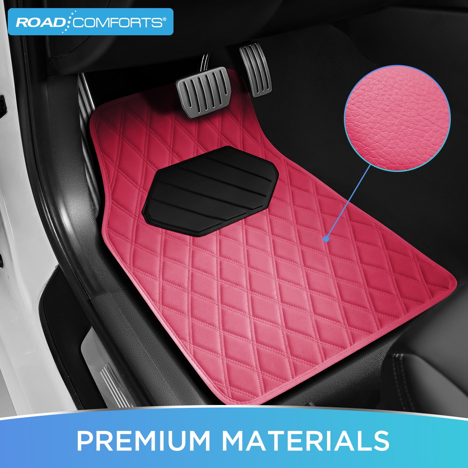 Road Comforts 4PC Leather Quilted Car Floor Mats, Stylish, Durable, Waterproof, Non-Slip, Full Coverage for Cars and SUVs Hot Pink