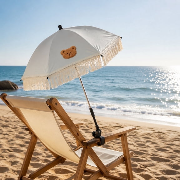 Bear Fringe Clip On Stroller Sun Umbrella UPF50 Shade, Adjustable Pram Parasol Waterproof Sun Cover for Outdoor Walk