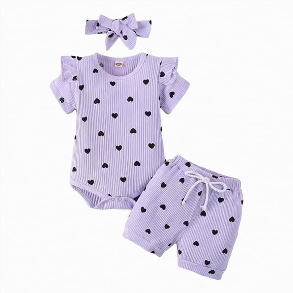 Leey-World Baby Girl Clothes Newborn Cute Ruffle Short Sleeve Romper Floral Shorts Summer Outfits with Headband 0-25 Months(Purple,0-3 Months)