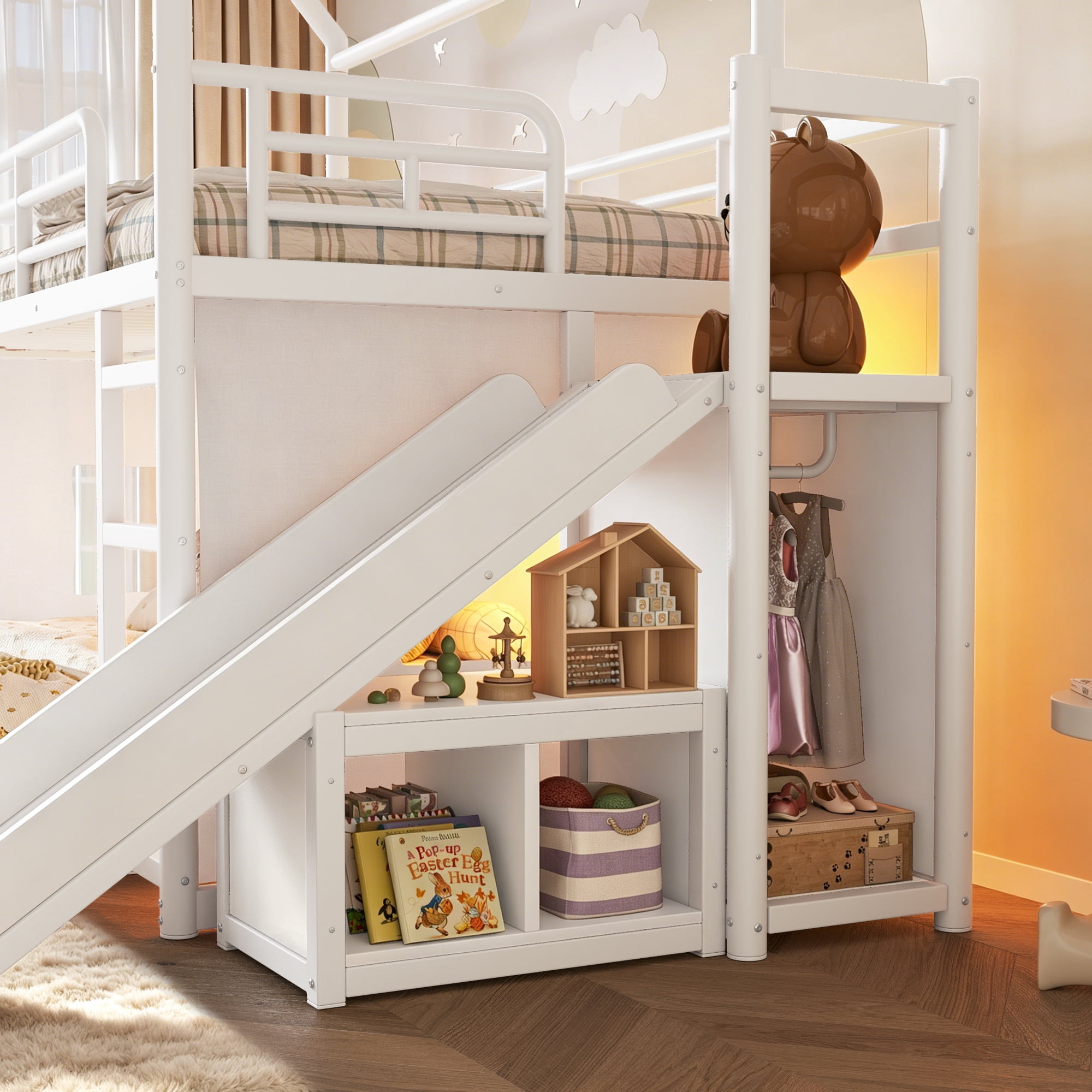HOQBN Metal Bunk Bed Twin over Full,Playhouse Bunk Bed Frame with Slide & Ladder,LED Light Strip, Privacy Curtain, Movable Storage Cabinet and Hanging Rod,Antique White
