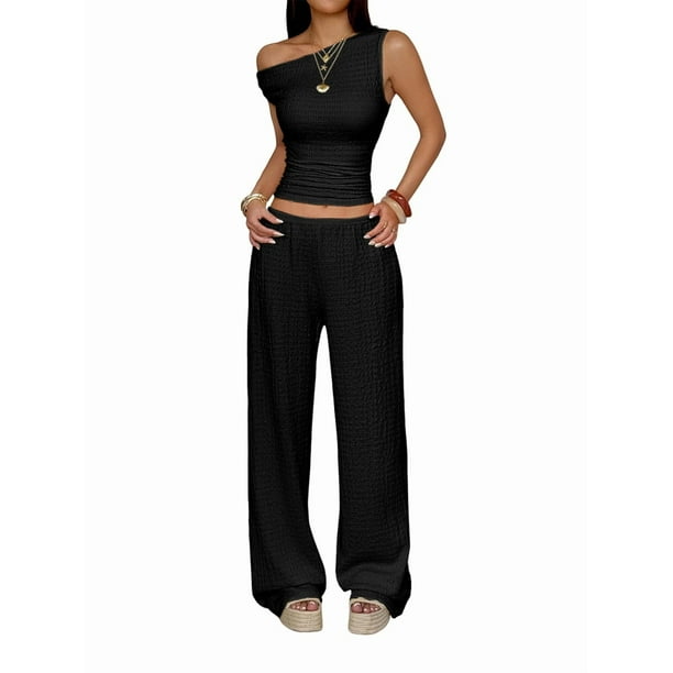 Conjuntos de Dos Piezas para Mujer, Top Corto Informal de un Solo Hombro, Pantalones Anchos y Conjuntos Y2K A Juego. Negro M