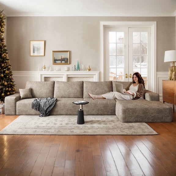 CKEASEAN 135" Oversized Boneless Couch with L-Shape Right Chaise, Modern Modular Sectional Sofa with Deep Seat, No Assembly Required, Cloud Sectional Couch with Corduroy Fabric, Rack for Living Room