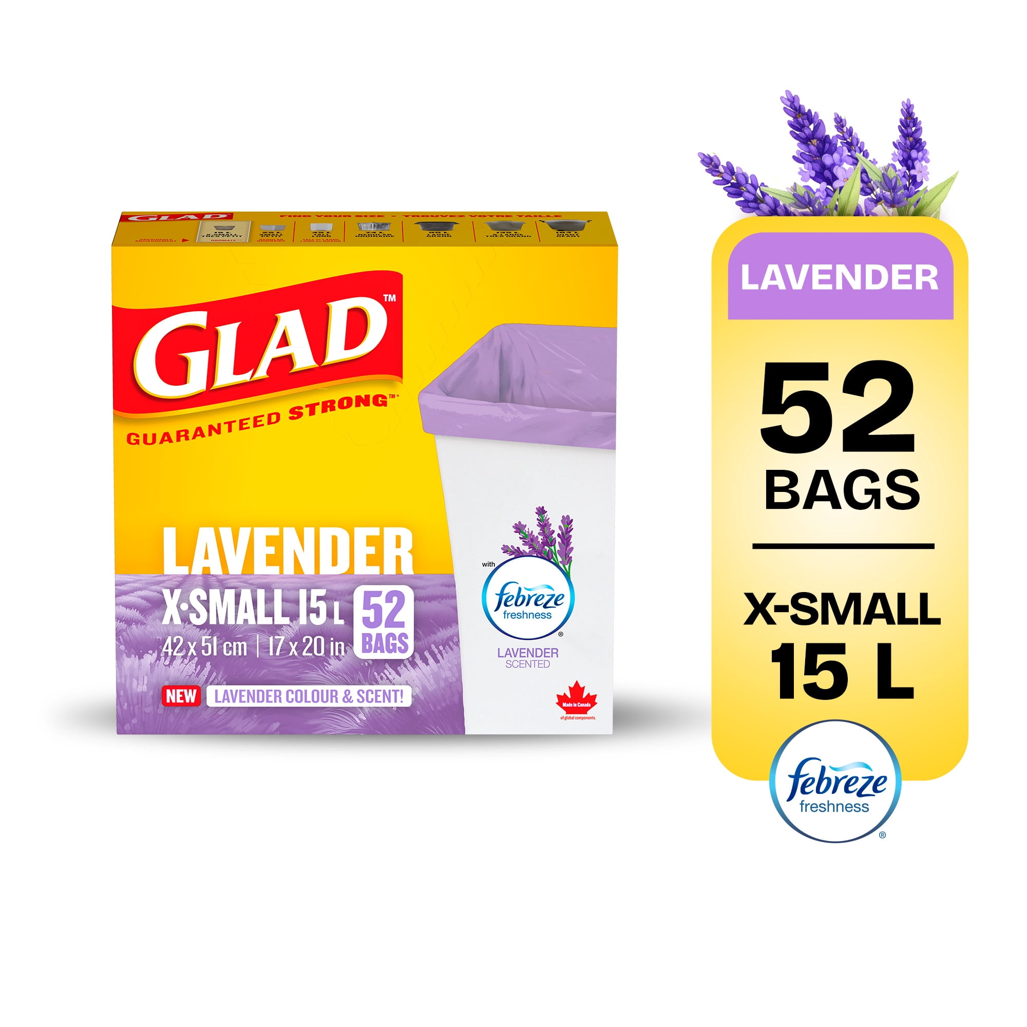 Sacs à ordures Glad® de couleur mauve et au parfum de lavande Format: Très petits sacs de 15 L avec Febreze fraîcheur, boîte de 52 sacs